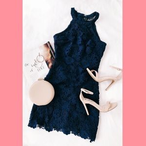 Lulus navy blue body con lace dress